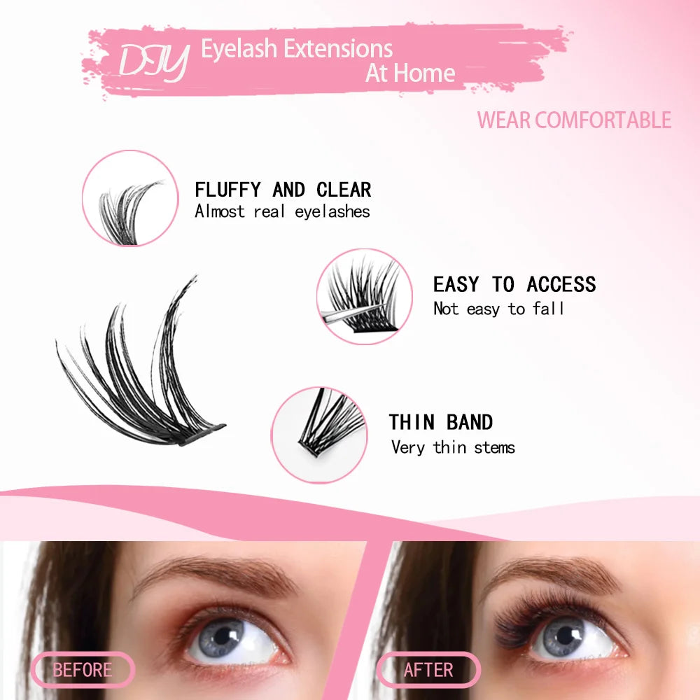 3D 190 PCS Cluster Lashes Kit DIY Lash Extension Set with Glue Accessories Eyelash Curler Lash Bond And Seal Makeup Tools