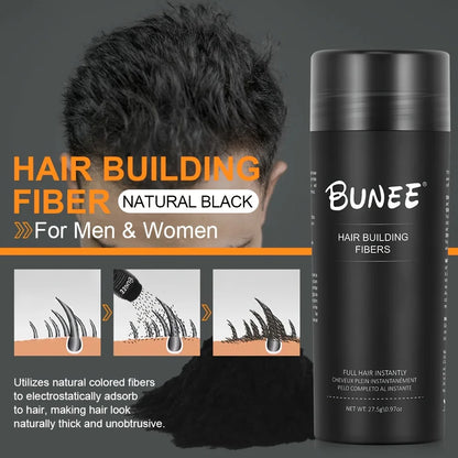 BUNEE Hair Fiber 27.5g: Men's natural hair-thickening fibers for balding areas, fills part lines, includes 27.5g fiber powder.