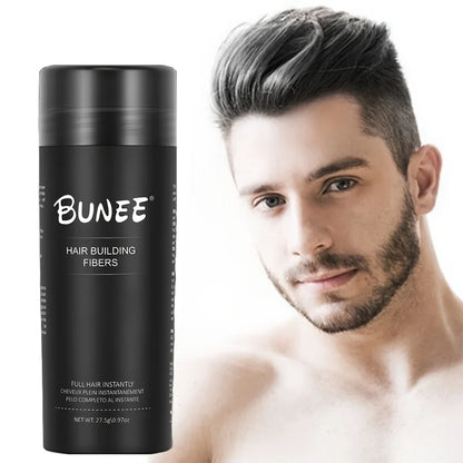 BUNEE Hair Fiber 27.5g: Men's natural hair-thickening fibers for balding areas, fills part lines, includes 27.5g fiber powder.