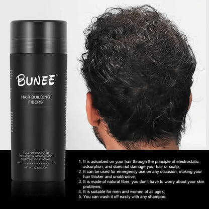 BUNEE Hair Fiber 27.5g: Men's natural hair-thickening fibers for balding areas, fills part lines, includes 27.5g fiber powder.