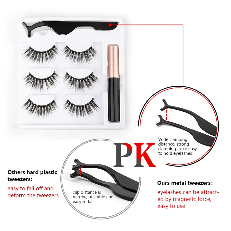 Hot 1/3Pairs Magnetic Eyelashes Soft False Lashes Repeated Use Mink Lashes Waterproof Liquid Eyeliner Tweezer Eyelash Makeup Set