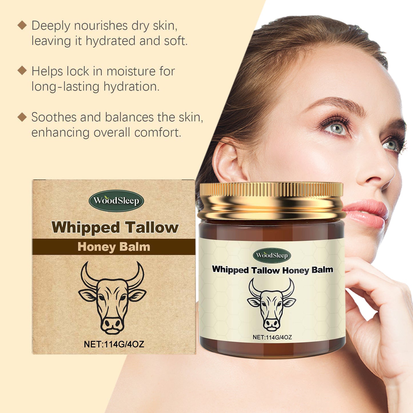 Whipped Grass Fed Beef Tallow Honey Balm Deep Hydration Face Cream Smooth Lightweight Moisturizing Nourishing Firming Skin Care