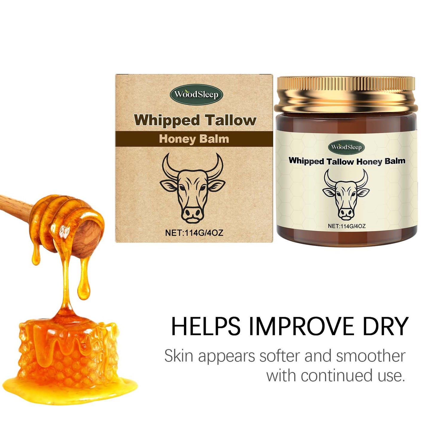 Whipped Grass Fed Beef Tallow Honey Balm Deep Hydration Face Cream Smooth Lightweight Moisturizing Nourishing Firming Skin Care