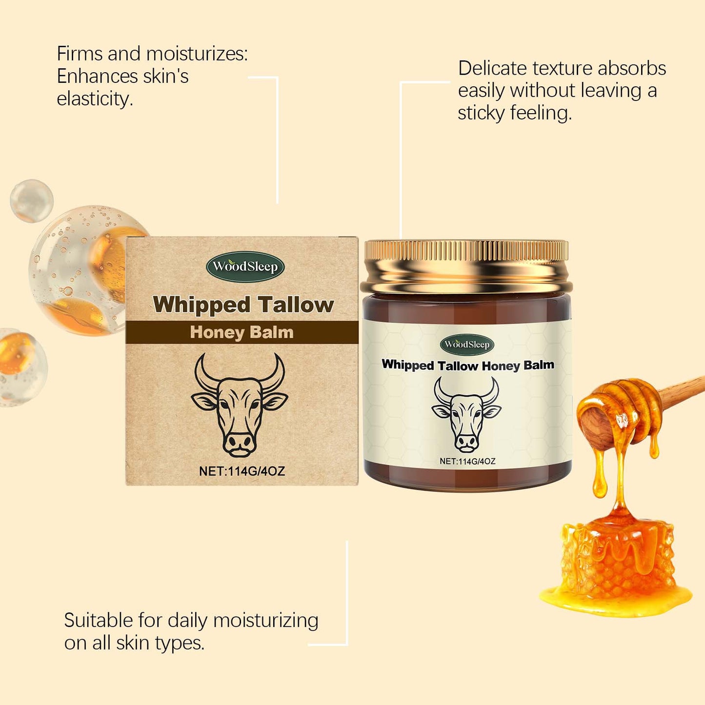Whipped Grass Fed Beef Tallow Honey Balm Deep Hydration Face Cream Smooth Lightweight Moisturizing Nourishing Firming Skin Care