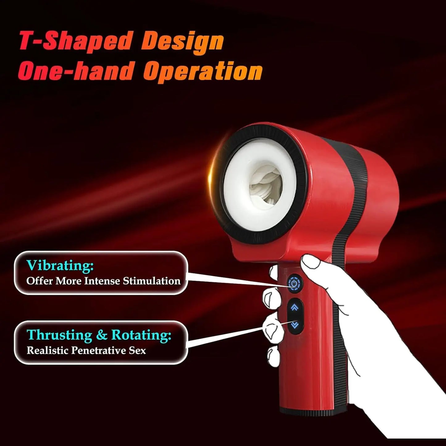 Men's masturbator with 7 types of vibration, 5 types of thrust, and 5 types of rotation. Dual inner chambers are soft and comfor