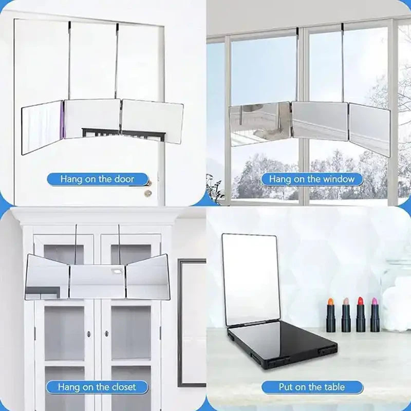 360 Trifold Vanity Makeup Mirrors with Height Adjustable Telescoping Hook for Hair Self Cutting Travel Portable Cosmetic Mirror
