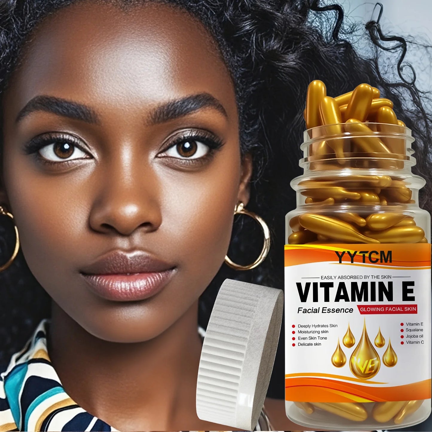 Vitamin E Deep Moisturizing Capsule Essence, Hydrates and Smoothes the Skin, Contains Plant-Based Squalane, Vitamin C, Deep Hydrating and Brightening Skin Essence (0.4g X 90 Capsules)/Bottle-1 Bottle