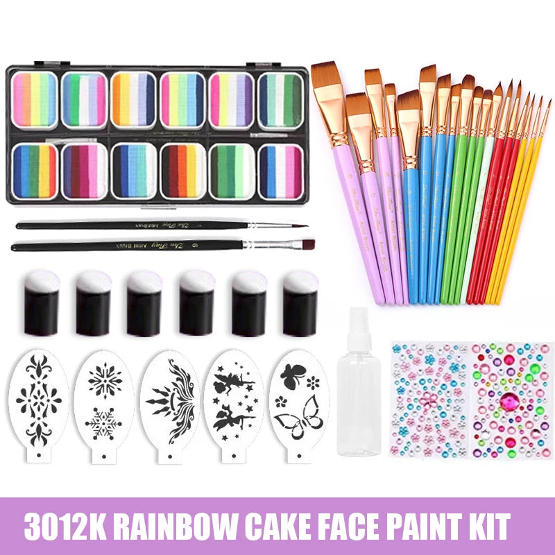 Professional Water Activated 12 Colors Rainbow Cake Face Painting Set With Brush Body Art Makeup Kit For Kids Halloween Chrismas