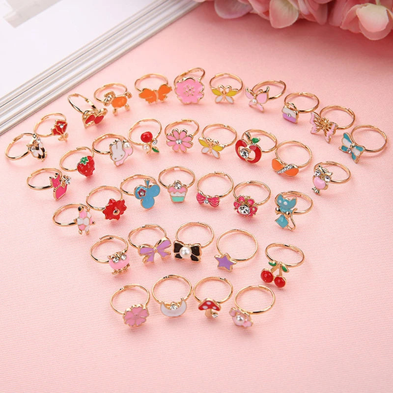 36PCS Children Adjustable Rings Girls Cute Pretend Play Makeup Toys Cartoon Jewelry Alloy Animal Enamel Ring Birthday Gift TMZ