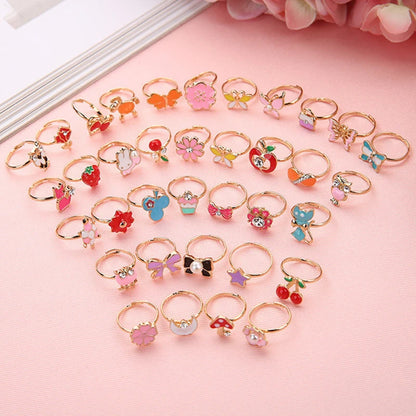36PCS Children Adjustable Rings Girls Cute Pretend Play Makeup Toys Cartoon Jewelry Alloy Animal Enamel Ring Birthday Gift TMZ