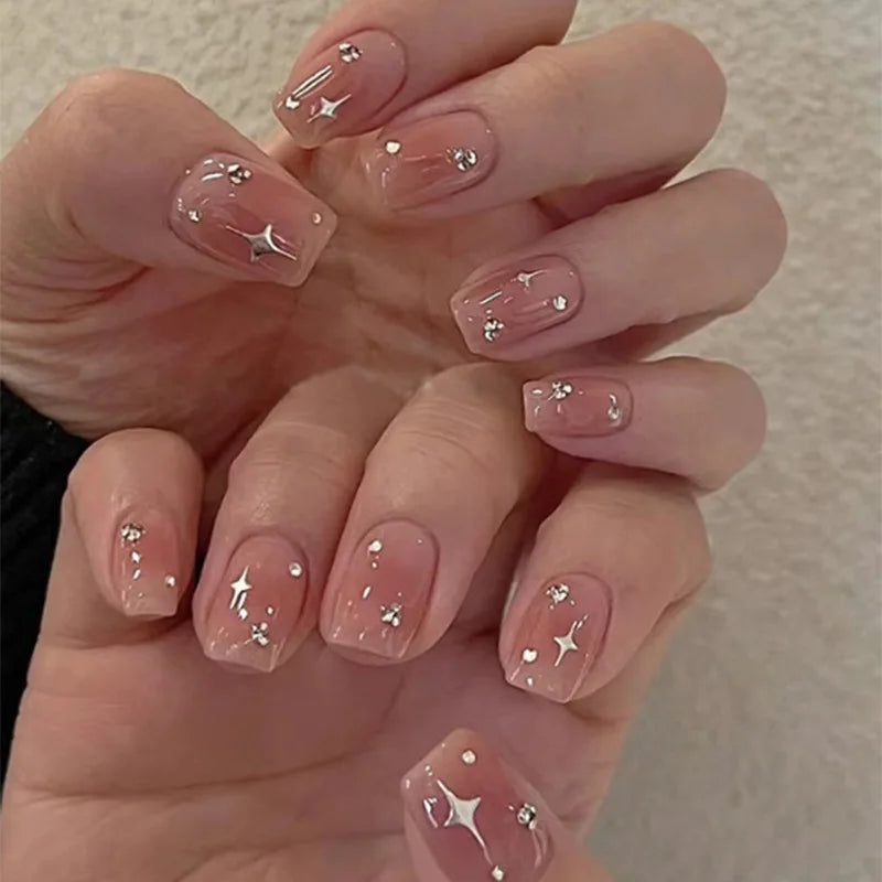 24Pcs Short Square Head False Nails White Line Rhinestone Design Full Cover Nails Tips for Woman Detachable Press on Fake Nails