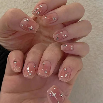 24Pcs Short Square Head False Nails White Line Rhinestone Design Full Cover Nails Tips for Woman Detachable Press on Fake Nails