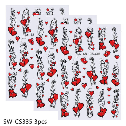 3pcs Valentine's Nail Art Stickers Red Love Heart Petals Leaf Simple Line Adhesive Nail Decals DIY Manicure Decoration Sliders