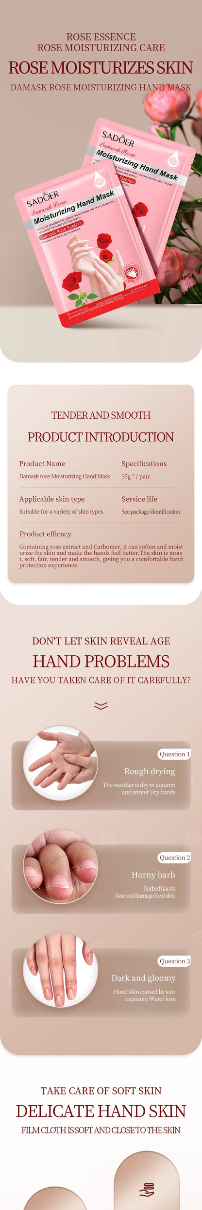 SADOER Rose Moisturizing Hand Mask Whitening Nourishing Anti-aging Hydrating Hand Exfoliating Gloves Hands Skin Care Products