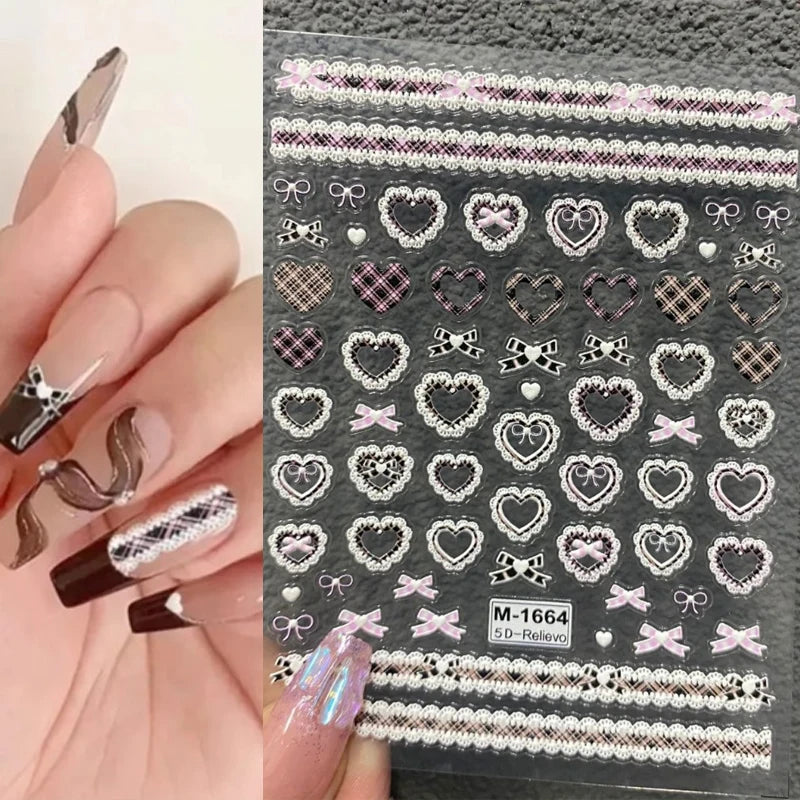 Japanese Bowknot Lace Heart Nail Stickers Self Adhesive Sweet Cool Pink Black Lace Nail Decals Cool Girls Manicure Decorations