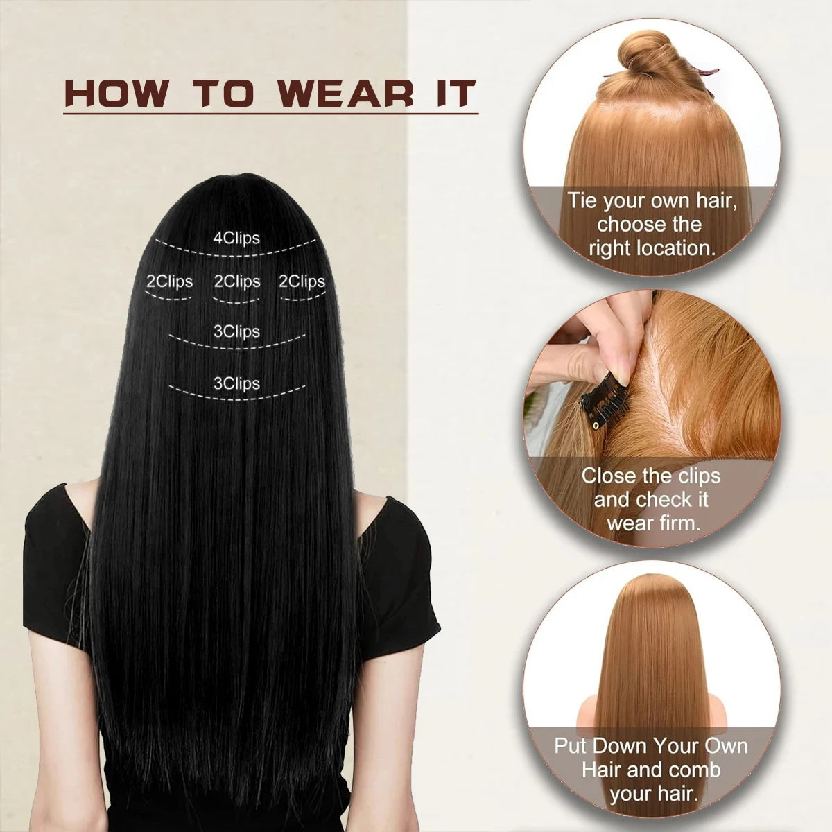Synthetic 6pcs/set Long Straight Hair Extensions Ultra-Invisible Full Head Clip in Hair Extensions 24Inch for Women Daily Wear