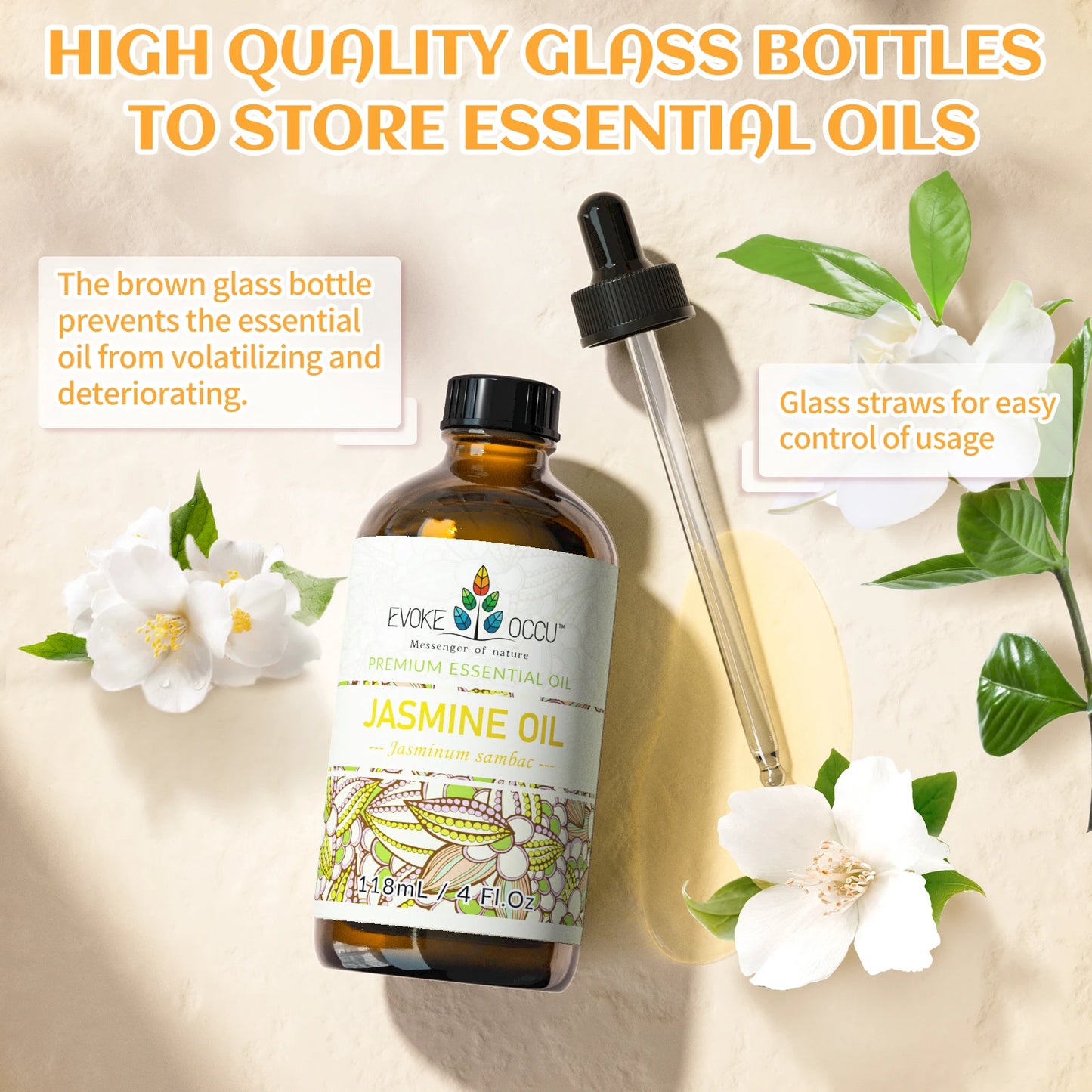 EVOKE OCCU Jasmine Essential Oils, 118ML/4 Fl.Oz. Premium Plant Oil for Diffuser, Purifier, Skin, Massage, Candle Soap Making,
