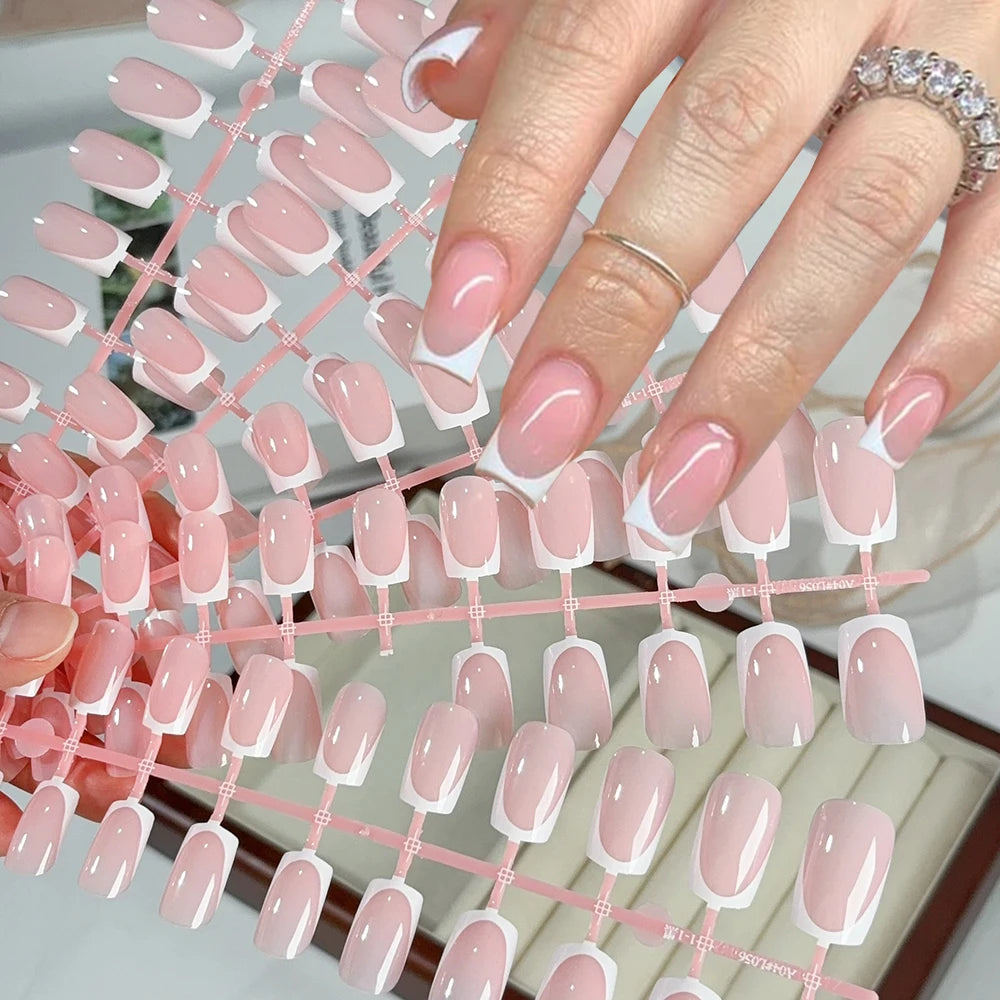 120Pcs Short Square Red French Valentine's Day Fake Nails Nude Pink Glossy Acrylic False Nails Simple Wearable Press on NailTips