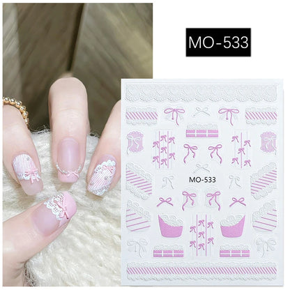 1pc Retro White Lace Bowknot Rose 5D Embossed Reliefs Heart Self Adhesive Nail Art Stickers Vintage Grid Pattern Manicure Decals