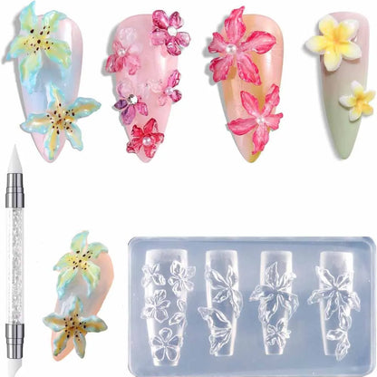 1pcs Dahlia Plumeria Flower Silicone Nail Mold With Carving Pen Spring Blossom Floral Manicure Template Nail Art Stencil Tools T