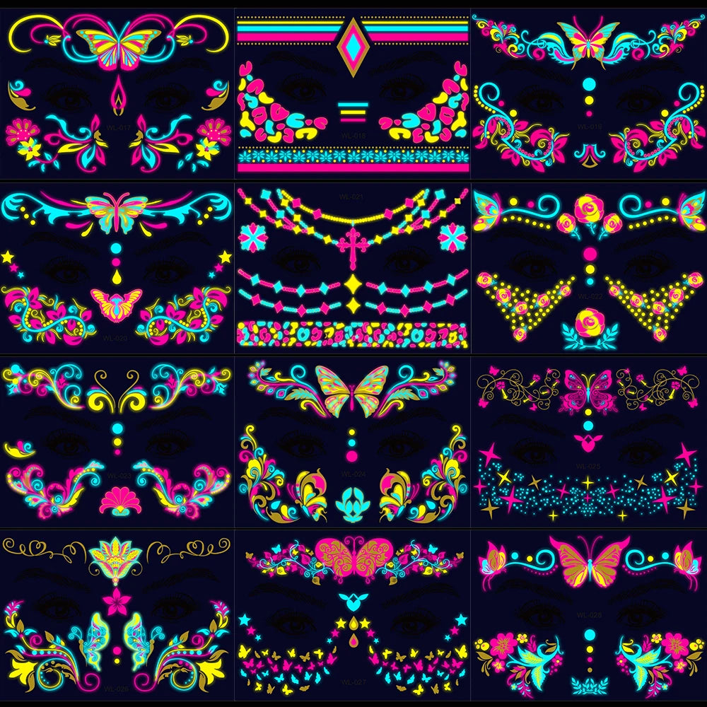 28Pcs Gold Glitter Powder Fluorescent Waterproof Face Tattoo 14x15cm Butterfly/Flowers Makeup Sticker DIY Party Neon Face Decal