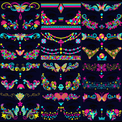 28Pcs Gold Glitter Powder Fluorescent Waterproof Face Tattoo 14x15cm Butterfly/Flowers Makeup Sticker DIY Party Neon Face Decal