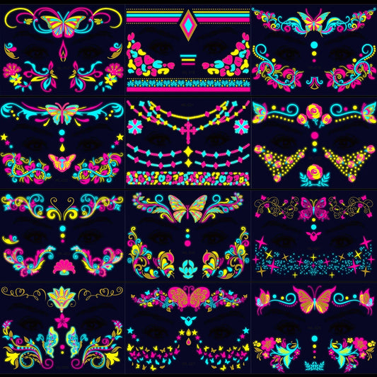 28Pcs Gold Glitter Powder Fluorescent Waterproof Face Tattoo 14x15cm Butterfly/Flowers Makeup Sticker DIY Party Neon Face Decal