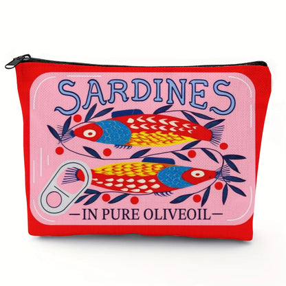 Lightweight & Durable Unisex Makeup Bag – Vintage Sardines Olive Oil Design