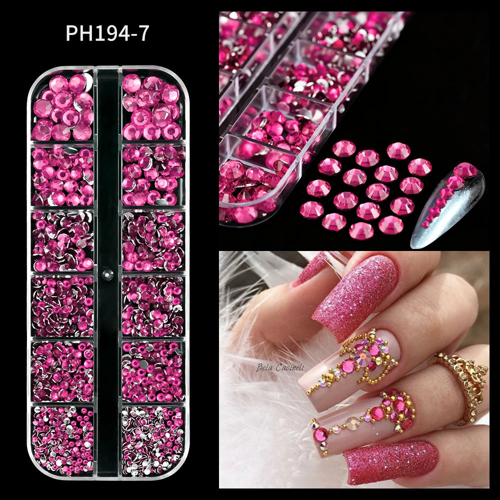 12Grids Mixed-Shape Crystal Nail Art Rhinestones Pink/Red Flatback Nail Gems Luxury Diamond Glass Stones Manicure Decoration