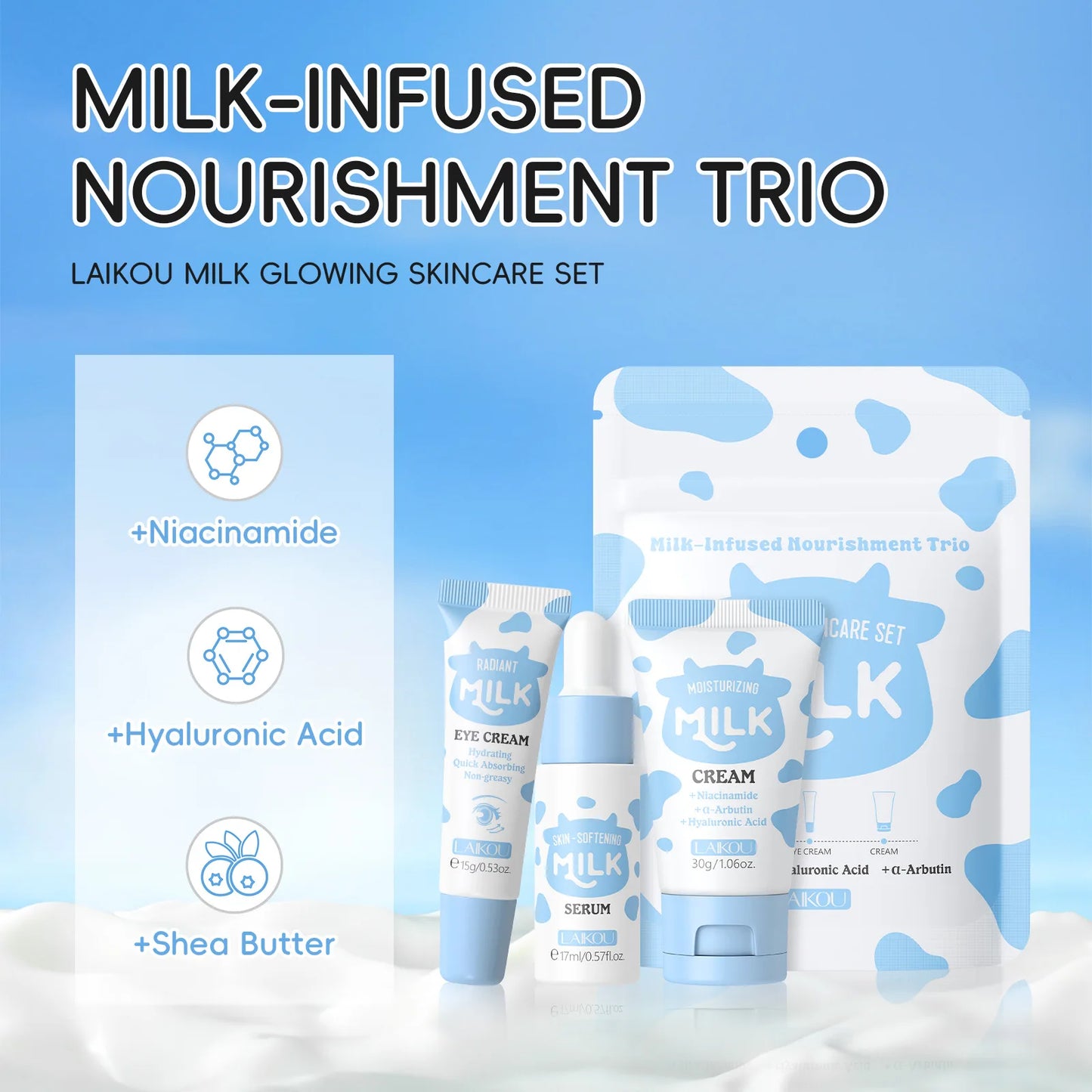 Deep Hydration Milk Skincare Set Softening Serum Gentle Eye Cream Radiant Moisturizing Glowing Trio