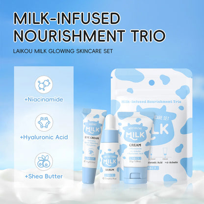 Deep Hydration Milk Skincare Set Softening Serum Gentle Eye Cream Radiant Moisturizing Glowing Trio