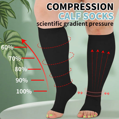 Legbeauty Plus Size Compression Socks Women Wide Calf Open Toe Graduated Medical Support Stockings Toeless Flight Pressure Socks