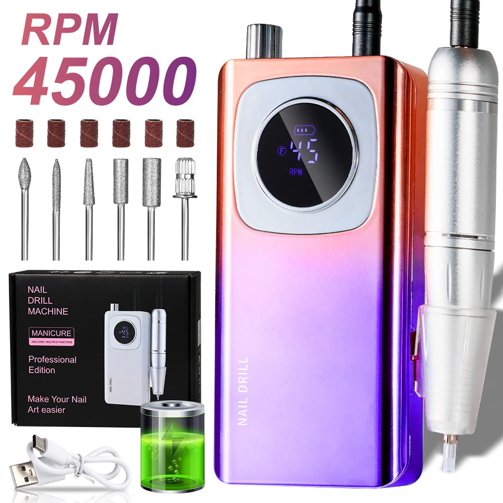 45000 RPM Electric Portable Nail Drill Machine Rechargeable for Gel Nails Polish Portable Nail File Manicure Salon & Home Tools