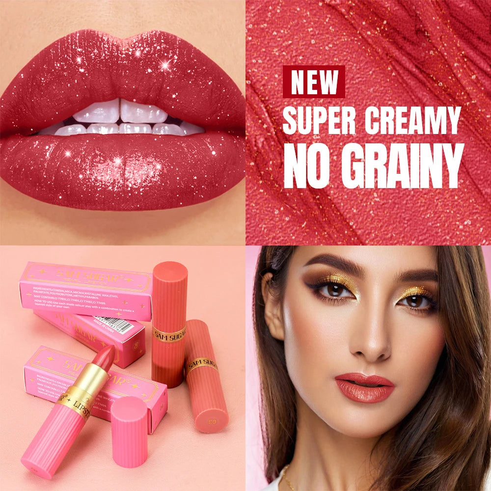 Diamond Glitter Lip Stick Waterproof Lasting Pearlescent Metallic Lip Balm Brown Lipgloss Women Lips Gloss Makeup Cosmetics
