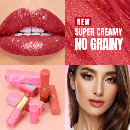Diamond Glitter Lip Stick Waterproof Lasting Pearlescent Metallic Lip Balm Brown Lipgloss Women Lips Gloss Makeup Cosmetics