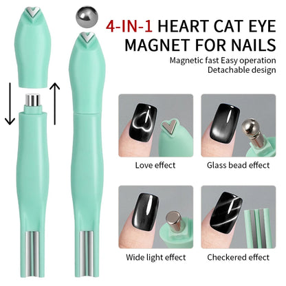 RSNAIL 4 in 1 Cat Eye Nail Magnet 3D Love Heart Nail Magnet Tool Green Multifunctional Nail Magnetic Stick for DIY Gel Polishing