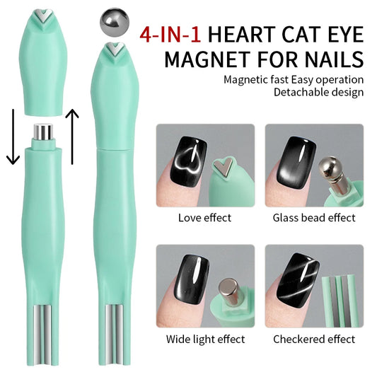 RSNAIL 4 in 1 Cat Eye Nail Magnet 3D Love Heart Nail Magnet Tool Green Multifunctional Nail Magnetic Stick for DIY Gel Polishing