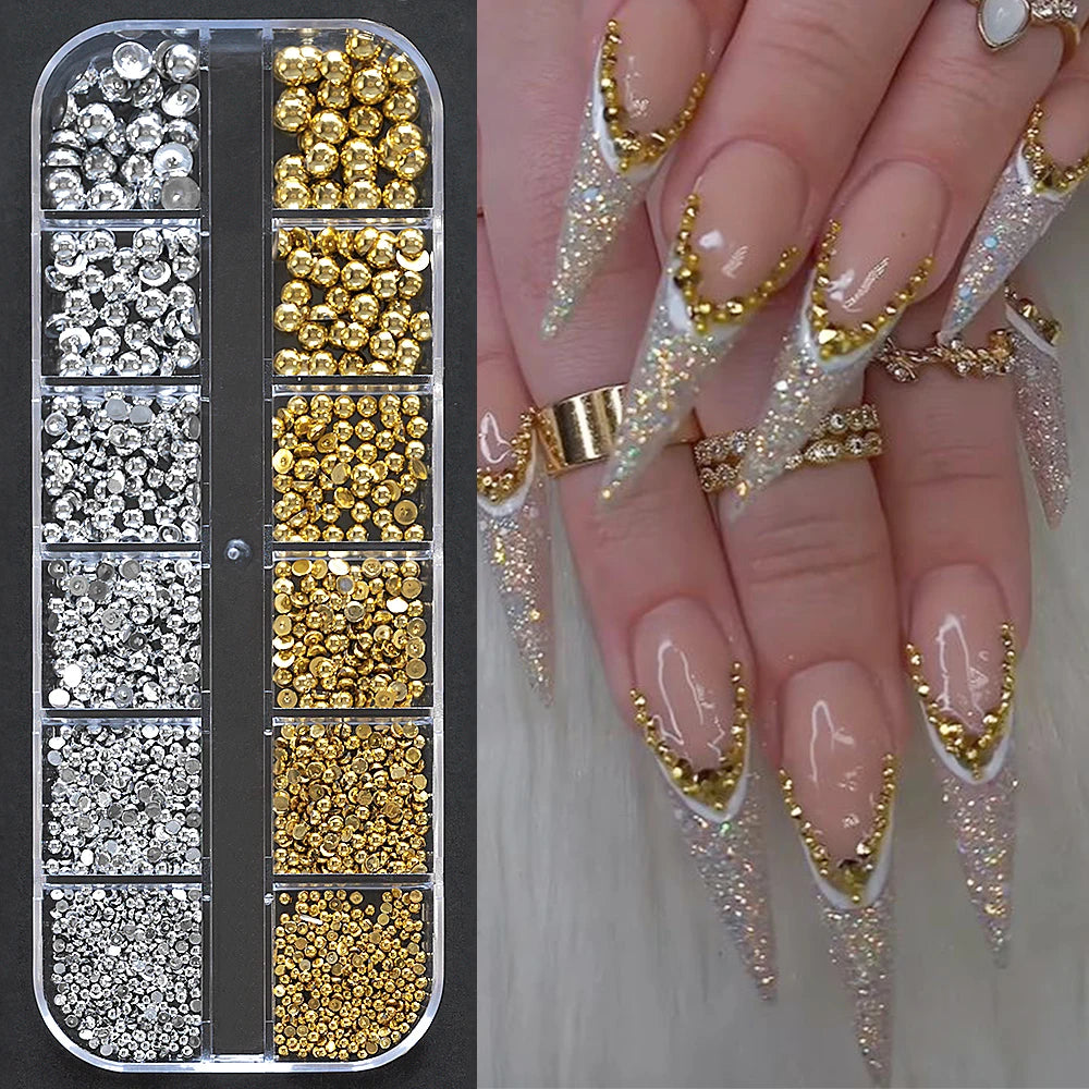 12Grids Mixed-Shape Crystal Nail Art Rhinestones Pink/Red Flatback Nail Gems Luxury Diamond Glass Stones Manicure Decoration