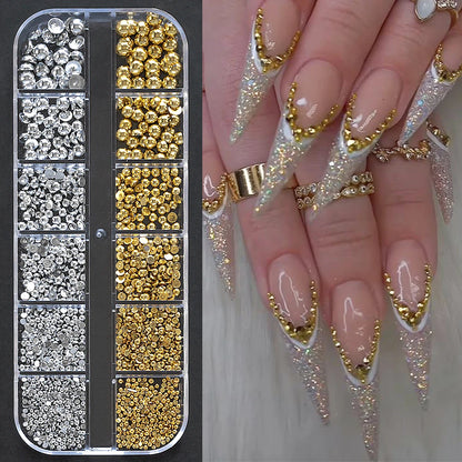 12Grids Mixed-Shape Crystal Nail Art Rhinestones Pink/Red Flatback Nail Gems Luxury Diamond Glass Stones Manicure Decoration