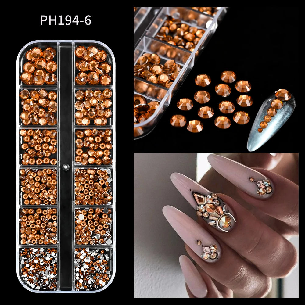 12Grids Mixed-Shape Crystal Nail Art Rhinestones Pink/Red Flatback Nail Gems Luxury Diamond Glass Stones Manicure Decoration