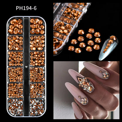 12Grids Mixed-Shape Crystal Nail Art Rhinestones Pink/Red Flatback Nail Gems Luxury Diamond Glass Stones Manicure Decoration