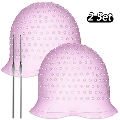 2Set Silicone Hair Coloring Cap Reusable Highlight Cap Frosting Cap with Hook Needle Professional Hair Salon Tools Dyeing Kit
