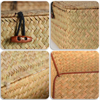 Storage Shelf Basket with Lid Rectangular Handmade Seagrass Rattan Woven Makeup Organizer Multipurpose Container Natural Box for
