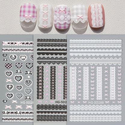 1pc Retro White Lace Bowknot Rose 5D Embossed Reliefs Heart Self Adhesive Nail Art Stickers Vintage Grid Pattern Manicure Decals