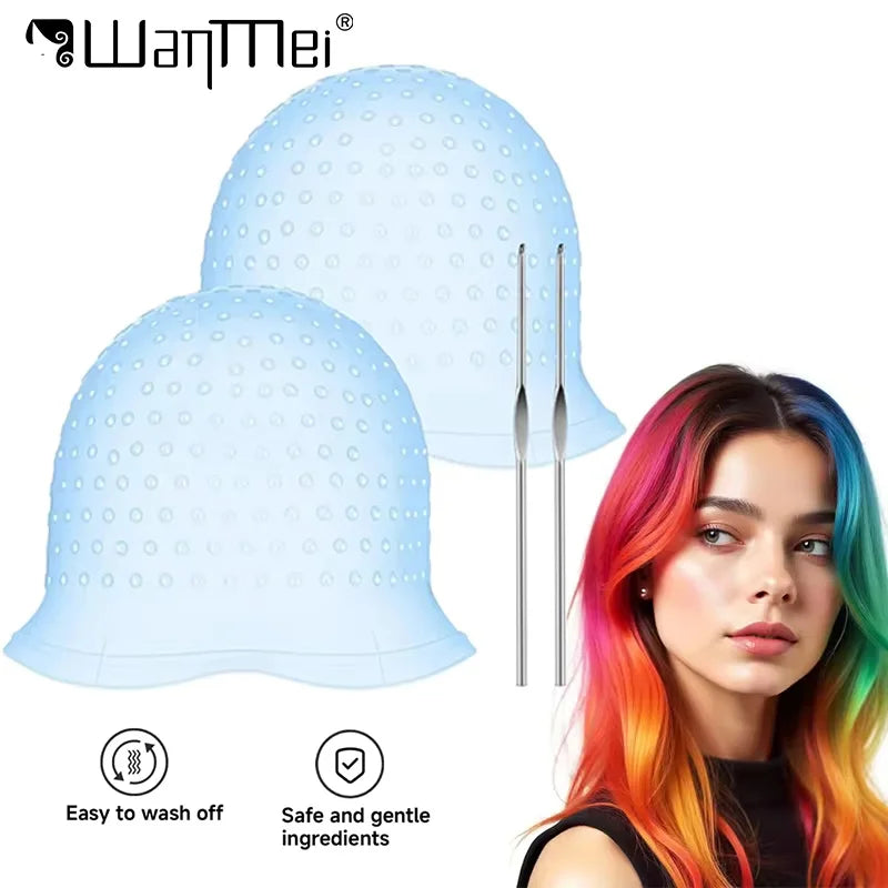 2Set Silicone Hair Coloring Cap Reusable Highlight Cap Frosting Cap with Hook Needle Professional Hair Salon Tools Dyeing Kit