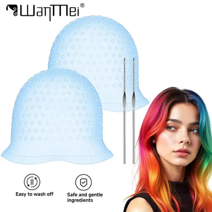2Set Silicone Hair Coloring Cap Reusable Highlight Cap Frosting Cap with Hook Needle Professional Hair Salon Tools Dyeing Kit