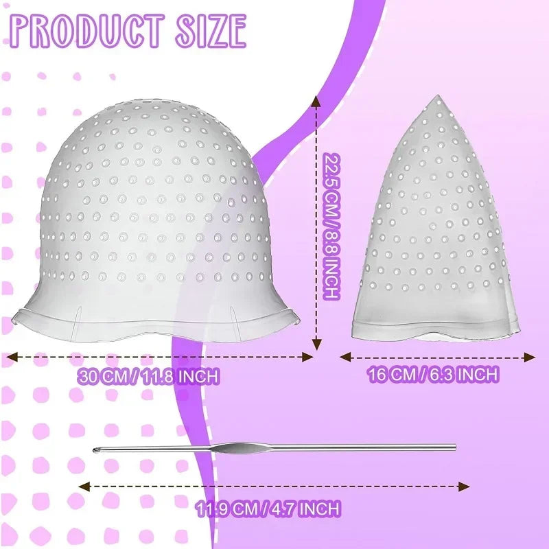2Set Silicone Hair Coloring Cap Reusable Highlight Cap Frosting Cap with Hook Needle Professional Hair Salon Tools Dyeing Kit