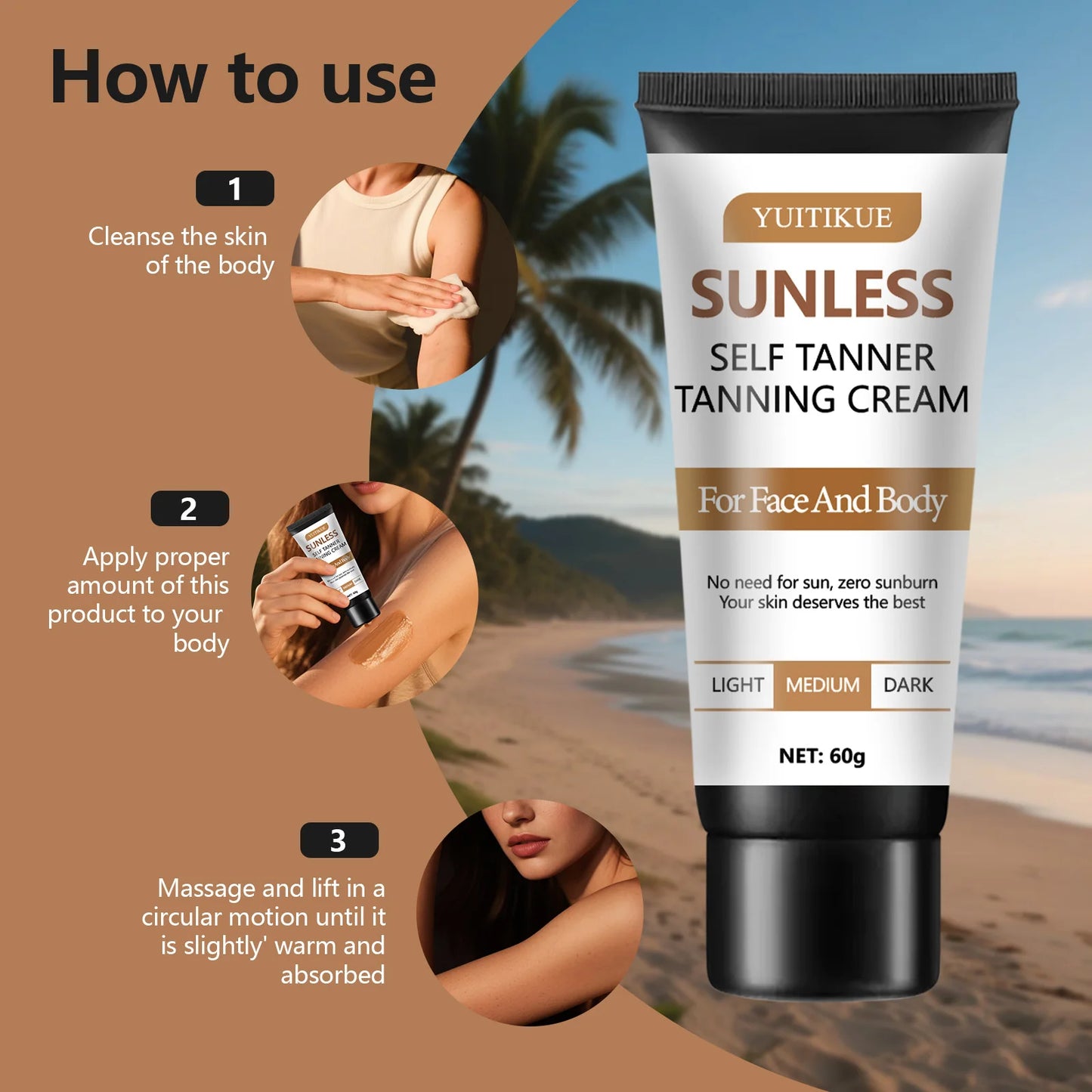 YUITIKUE Sunless Self Tanner Tanning Cream  Face & Body Use  Zero Sunburn  All Skin Types  Full Body Coverage 60g
