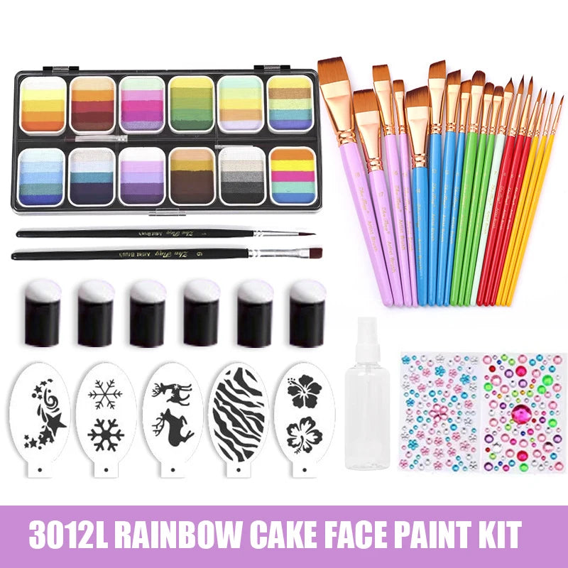 Professional Water Activated 12 Colors Rainbow Cake Face Painting Set With Brush Body Art Makeup Kit For Kids Halloween Chrismas
