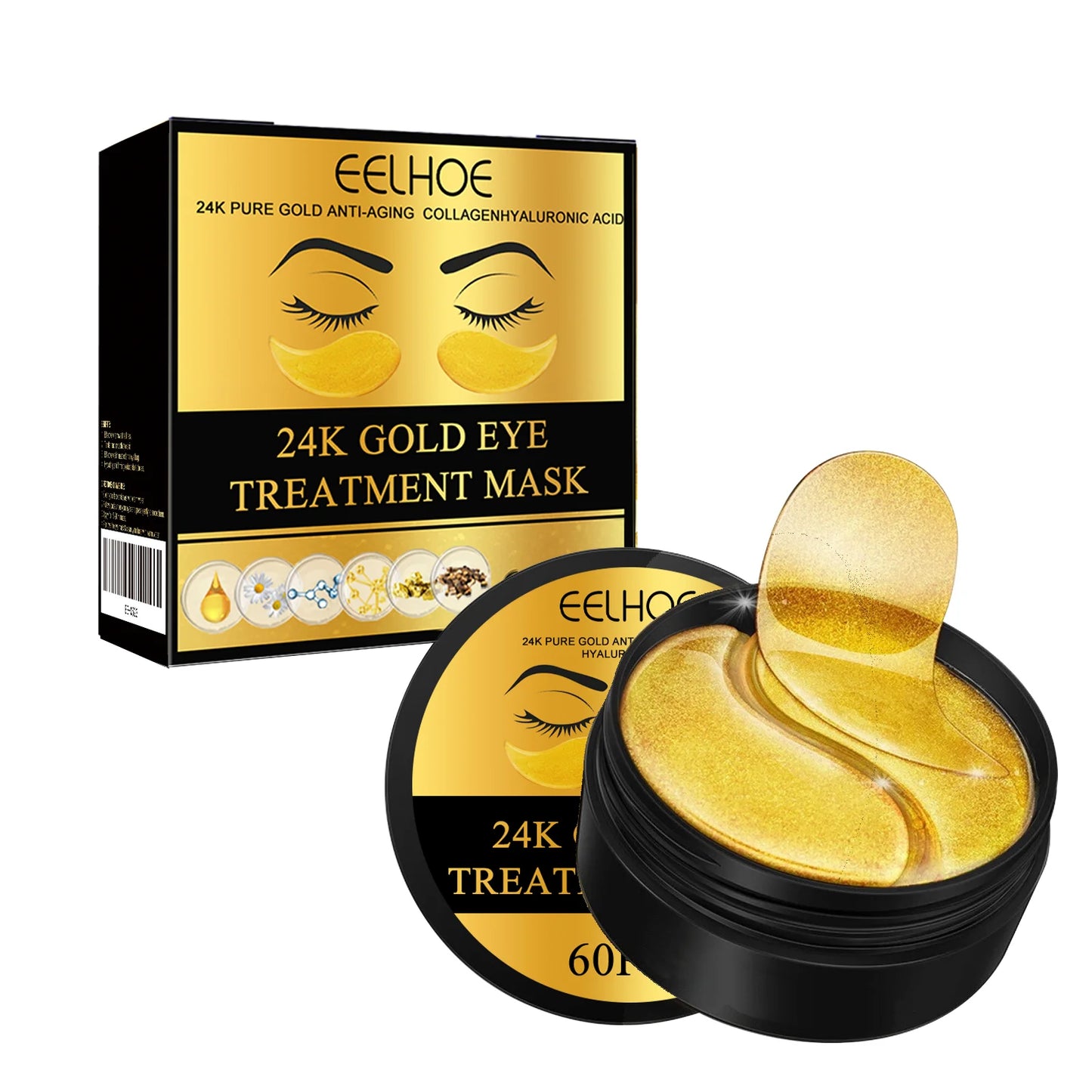24K Gold Eye Treatment Mask Remove Dark Eye Circles Firming Fade Fine Lines Anti-Aging Hyaluronic Acid Collagen Under Eye Mask
